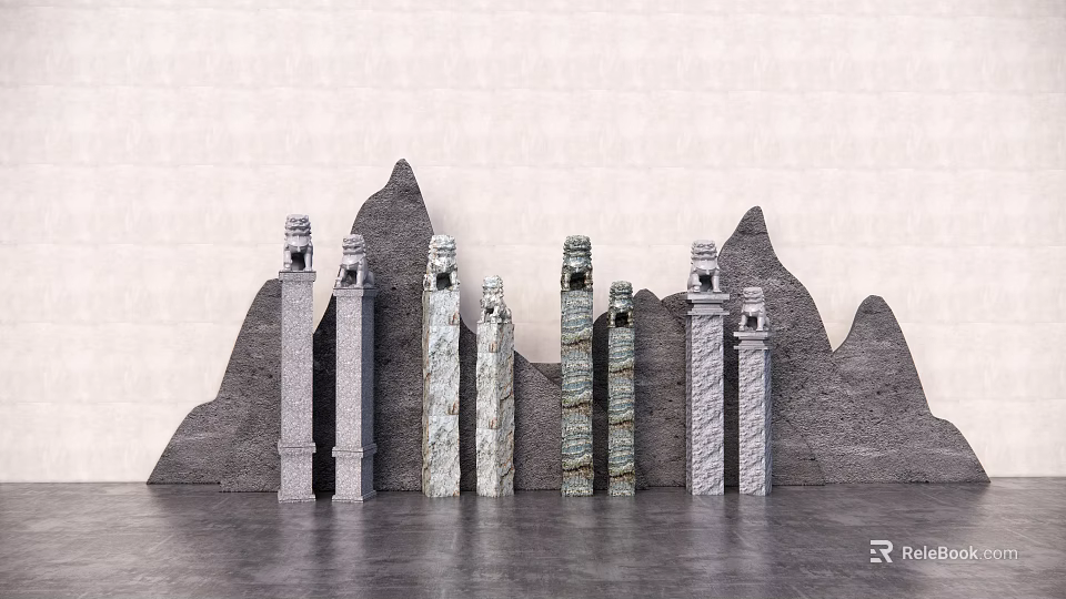 Interior Landscape With Various Stone Pillars And Rock Mountain Background Design 3d model