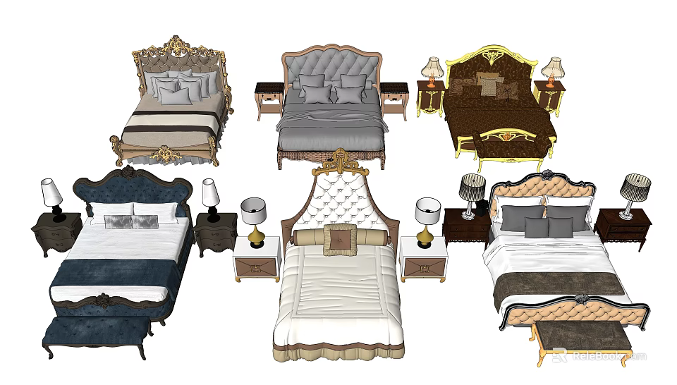 Various Double Bed Designs With Upholstered Headboards Bedside Tables And Lamps 3d model 