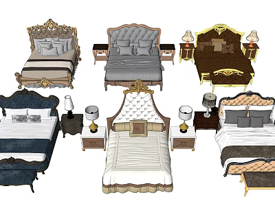 Various Double Bed Designs With Upholstered Headboards Bedside Tables And Lamps 3d model