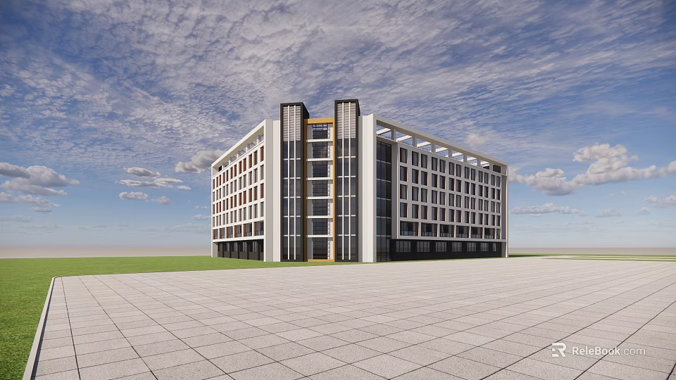 Modern Office Building Exterior Design With Large Glass Windows Open Square And Green Lawn 3d model 