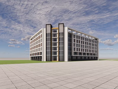 Modern Office Building Exterior Design With Large Glass Windows Open Square And Green Lawn 3d model