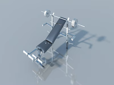 Sturdy Metal Frame Weight Bench With Barbell And Gray Background Reflection 3d model
