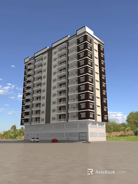 Modern High Rise Residential Building With Balconies And Green Surroundings 3d model 