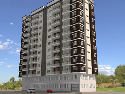 Modern High Rise Residential Building With Balconies And Green Surroundings 3d model