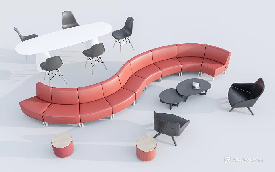 Modern Curved Red Sectional Sofa with Black Chairs Round Coffee Tables and White Table 3d model 