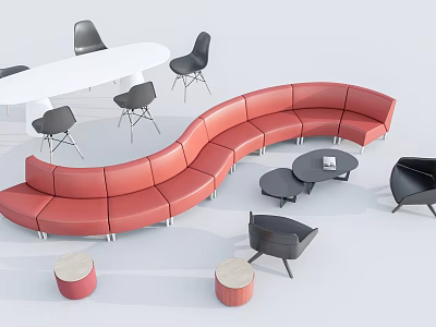 Modern Curved Red Sectional Sofa with Black Chairs Round Coffee Tables and White Table 3d model