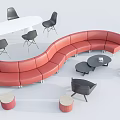 Modern Curved Red Sectional Sofa with Black Chairs Round Coffee Tables and White Table