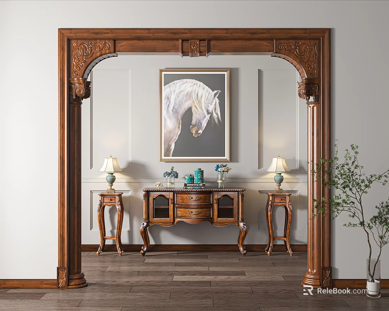Carved Wooden Archway Featuring White Horse Painting With Wooden Cabinet Table Lamps And Green Plant 3d model 