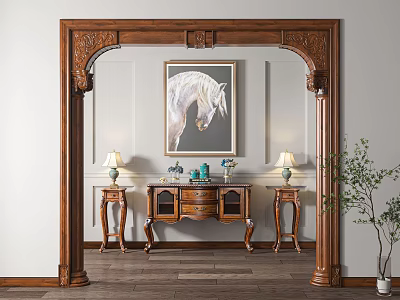 Carved Wooden Archway Featuring White Horse Painting With Wooden Cabinet Table Lamps And Green Plant 3d model