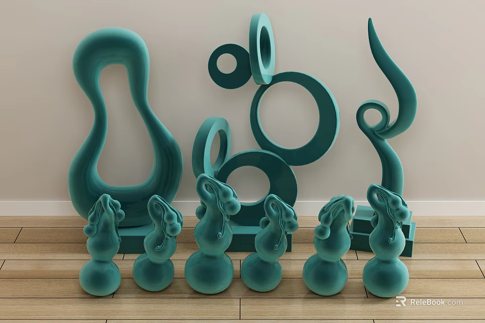 Modern Artistic Ornamental Decor Set With Teal Curved Shapes Circular Rings And Abstract Figurines 3d model 