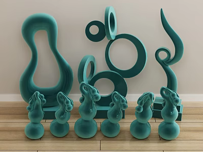 Modern Artistic Ornamental Decor Set With Teal Curved Shapes Circular Rings And Abstract Figurines 3d model