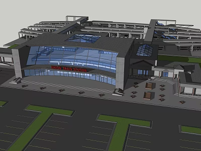 Modern Station Exterior With Curved Glass Facade Roof Structure And Parking Area 3d model