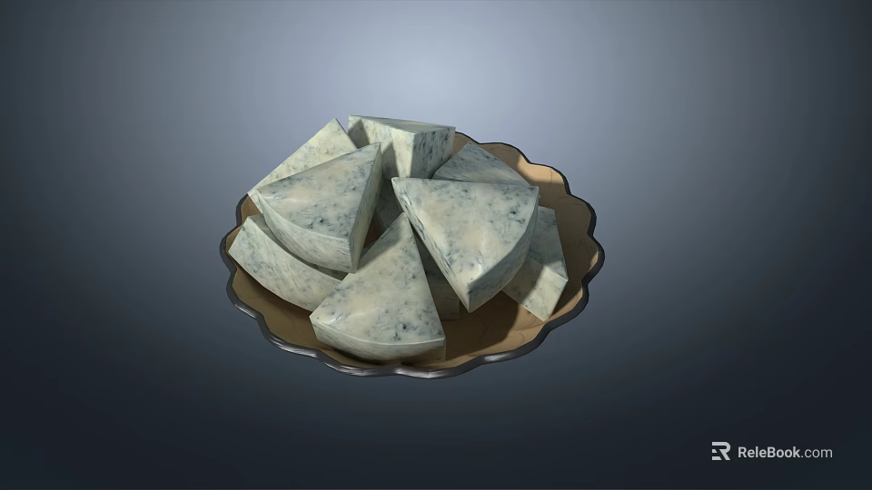 Creamy Blue Cheese Wedges Served On A Decorative Gold Plate 3d model 