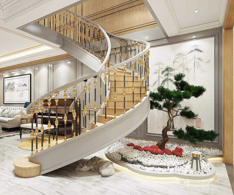 Spiral Staircase In Chinese Style Interior With Pine Tree And Decorative Elements 3d model