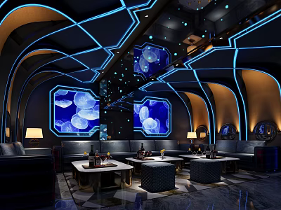 Modern KTV Room Interior Design With Colorful Lighting Sofa Tables And Screens 3d model