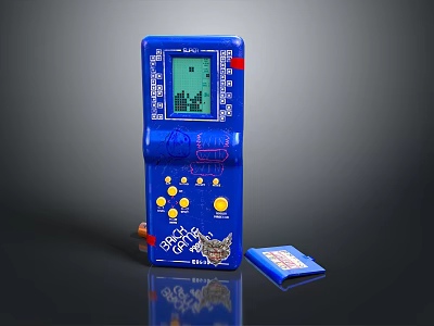 Retro Blue Handheld Game Console with Yellow Buttons and Game Cartridge Classic Entertainment Device 3d model