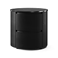 Round Brown Wooden Nightstand With Two Drawers And White Marble Top