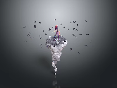 Character On Spiral Shaped Platform With Flying Black Abstract Creatures 3d model