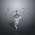 Character On Spiral Shaped Platform With Flying Black Abstract Creatures