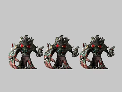 Three Mythical Dark Spiked Dolls With Red Eyes And Intricate Details 3d model