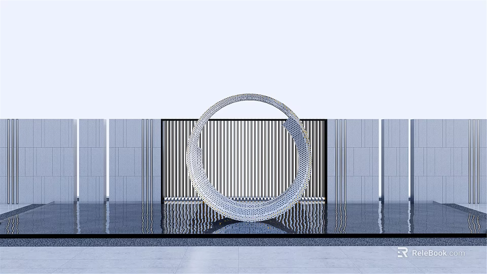 Circular Landscape Sculpture With Water Reflection And Striped Background Wall 3d model 