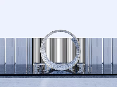 Circular Landscape Sculpture With Water Reflection And Striped Background Wall 3d model
