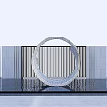 Circular Landscape Sculpture With Water Reflection And Striped Background Wall