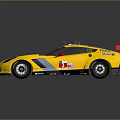Yellow Sport Race Car With Black Roof Rear Spoiler And Racing Decals On Shiny Surface