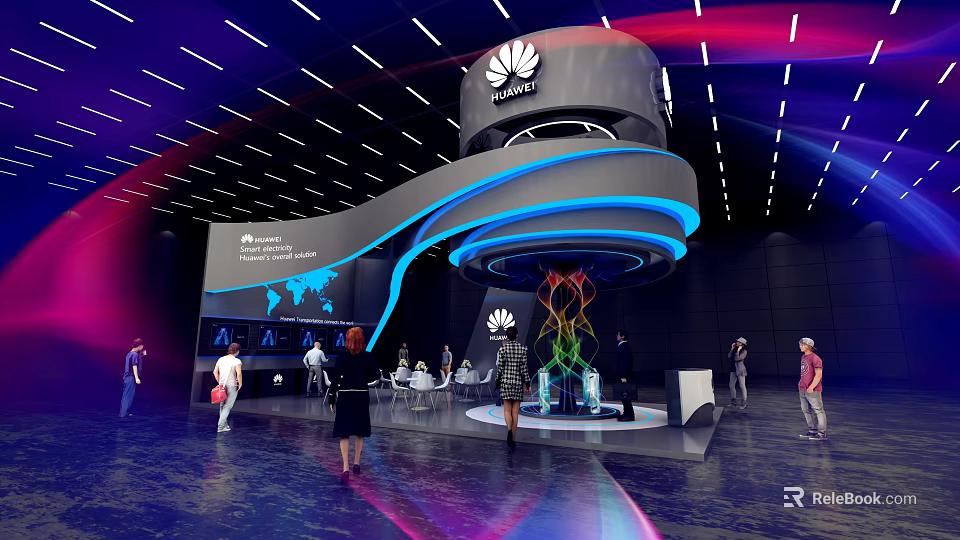 Huawei Exhibition Booth With Modern Curved Structure Blue Lighting And Interactive Display Areas 3d model 