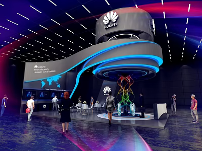 Huawei Exhibition Booth With Modern Curved Structure Blue Lighting And Interactive Display Areas 3d model