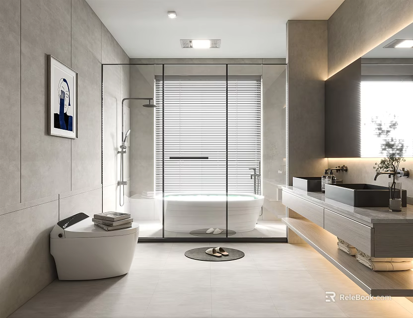 Modern Bathroom Interior With Glass Shower Enclosure Bathtub Double Vanity And Grey Walls 3d model 