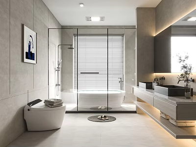 Modern Bathroom Interior With Glass Shower Enclosure Bathtub Double Vanity And Grey Walls 3d model