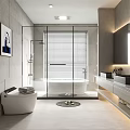 Modern Bathroom Interior With Glass Shower Enclosure Bathtub Double Vanity And Grey Walls
