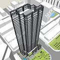 Modern High Rise Office Building With Low Rise Structures And Street Greenery