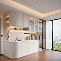 Modern Living Room White Decorative Cabinet With Glass Doors Open Shelves Lighting And Wooden Floor
