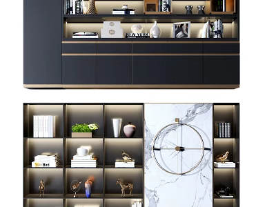 Modern Bookcase Interior Design With Layered Shelves Decorative Vases Books And LED Lighting 3d model