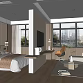 Modern Hotel Guest Room With King Bed Desk Chair Sofa And City View Through Windows