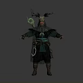Mystical Shaman Character With Antler Headdress Green Glowing Accessory And Dark Outfit