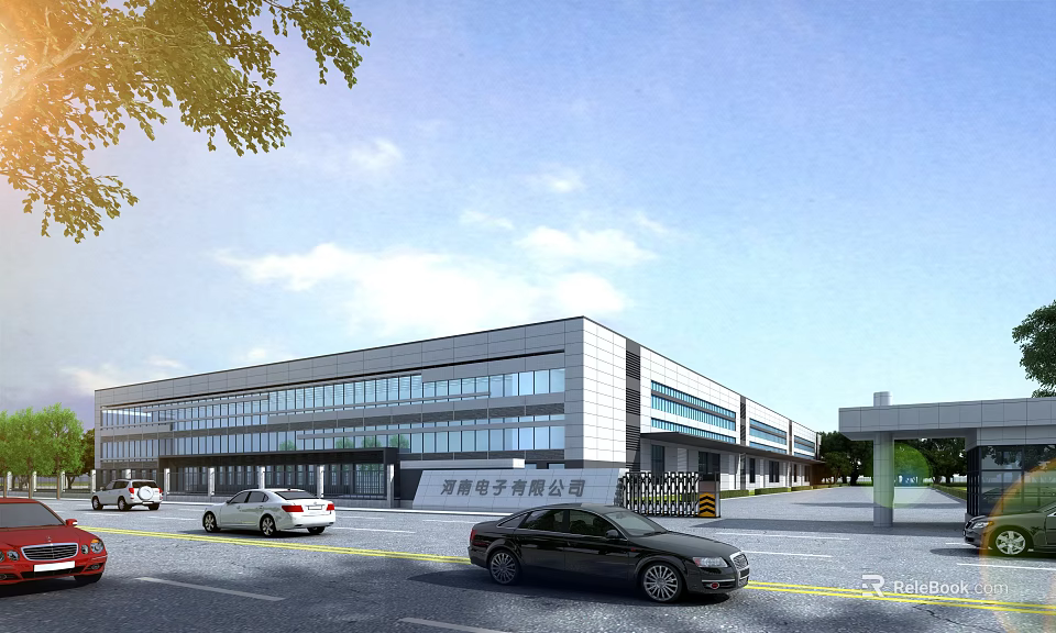 Modern Industrial Factory Building With Large Glass Windows Parking Lot And Cars 3d model 