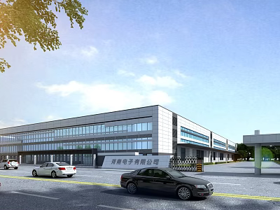 Modern Industrial Factory Building With Large Glass Windows Parking Lot And Cars 3d model