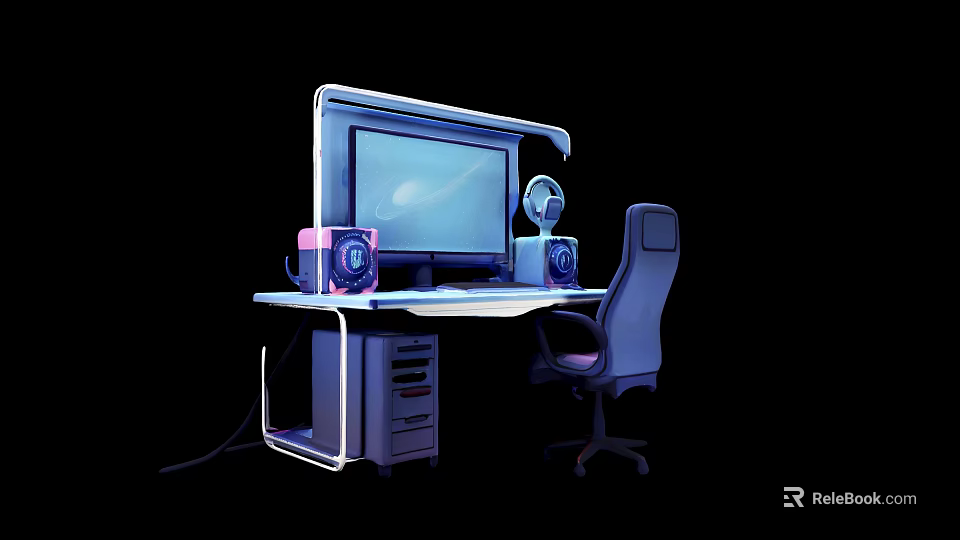 Modern Gaming Computer Desk Setup With Monitor Chair Speakers And Lamp 3d model 