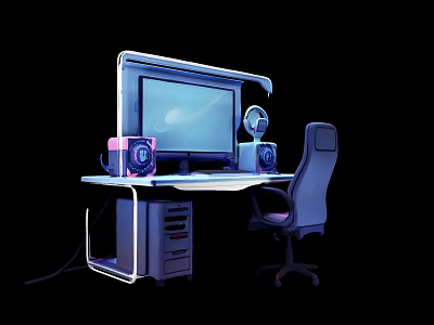 Modern Gaming Computer Desk Setup With Monitor Chair Speakers And Lamp 3d model