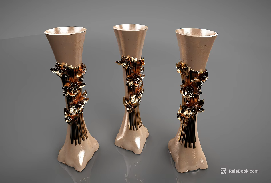 Elegant Cream Colored Vases with Intricate Gold Floral Decorations and Ornate Base Design 3d model 