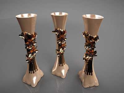 Elegant Cream Colored Vases with Intricate Gold Floral Decorations and Ornate Base Design 3d model