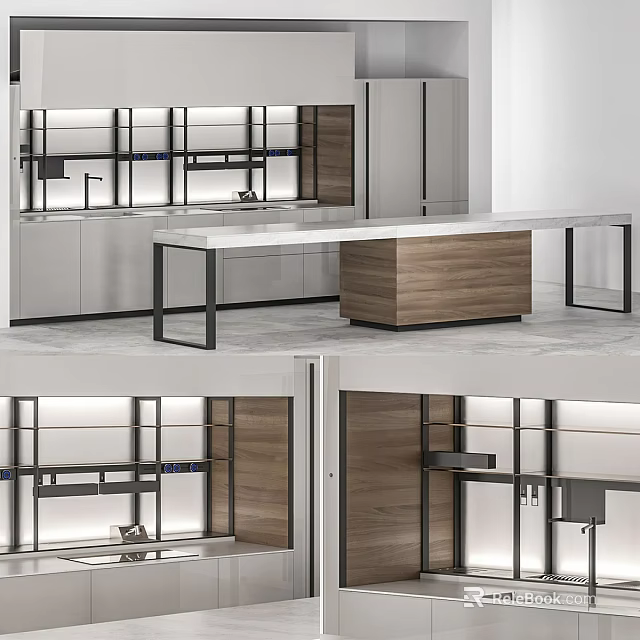 Modern Kitchen Interior Design With Wooden Cabinets Open Shelves And Marble Countertop 3d model 
