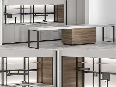 Modern Kitchen Interior Design With Wooden Cabinets Open Shelves And Marble Countertop 3d model