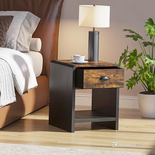 Wooden Bedside Table with Lamp Coffee Mug and Drawer Next to Bed and Potted Plant 3d model 
