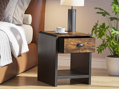 Wooden Bedside Table with Lamp Coffee Mug and Drawer Next to Bed and Potted Plant 3d model