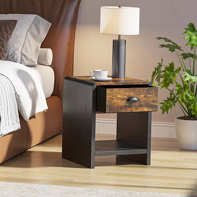 Wooden Bedside Table with Lamp Coffee Mug and Drawer Next to Bed and Potted Plant 3d model