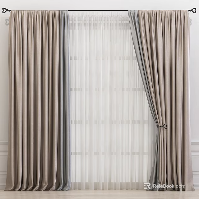 Elegant Double Layer Curtains With Beige Outer Fabric And Sheer Inner Drapery 3d model 